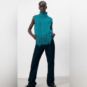 ZARA Sweater Vest Womens Teal Fringe Knit Top NWT